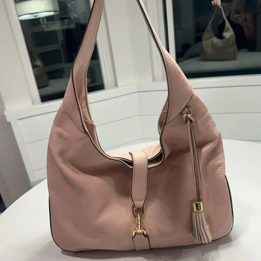 Blush Pink Genuine Leather Slouchy Hobo Shoulder Bag Gold Clasp Medium Large